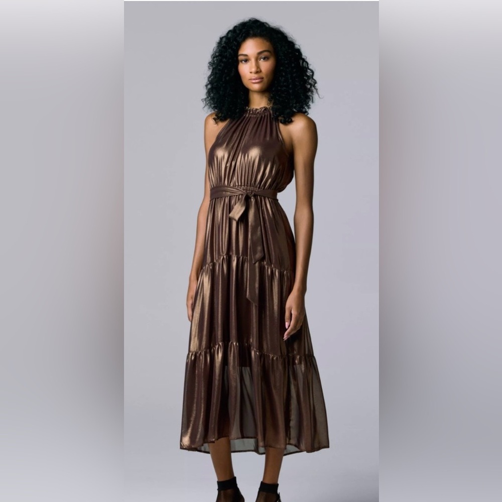 Simply Vera Vera Wang Metallic Bronze Tiered Maxi Dress with Waist Tie